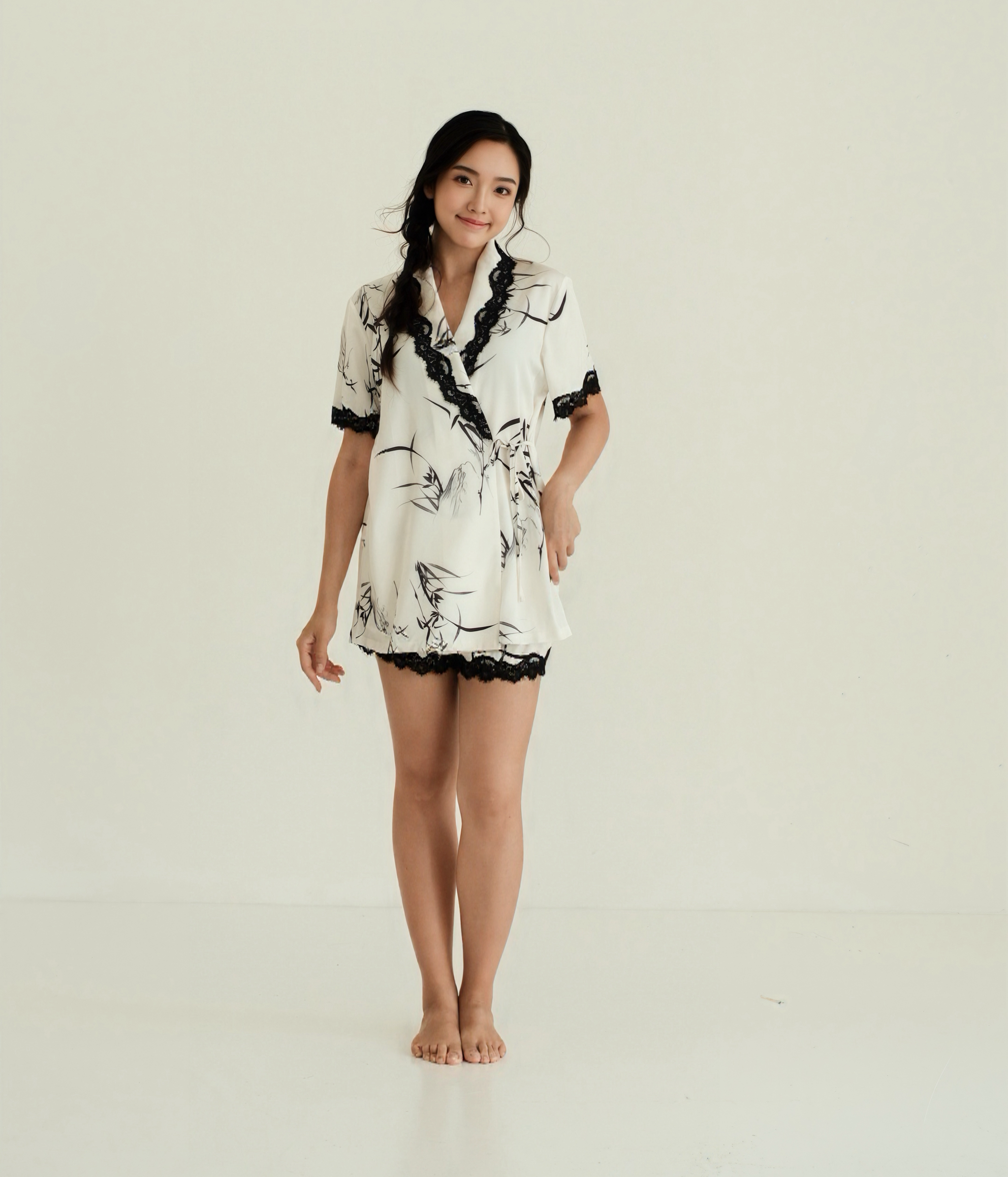 LUNAR Bamboo Print Lace-Trim Kimono Set