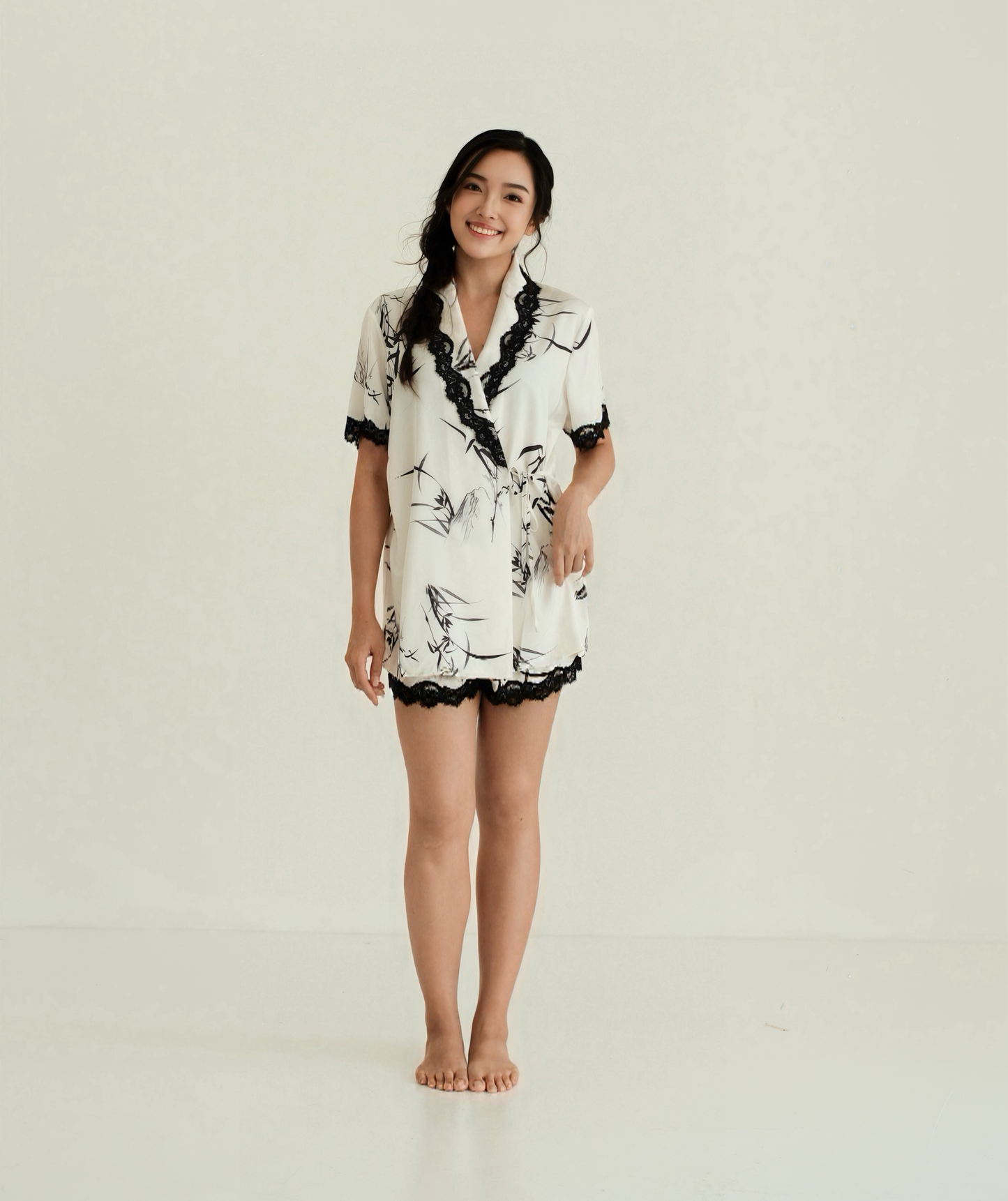 LUNAR Bamboo Print Lace-Trim Kimono Set